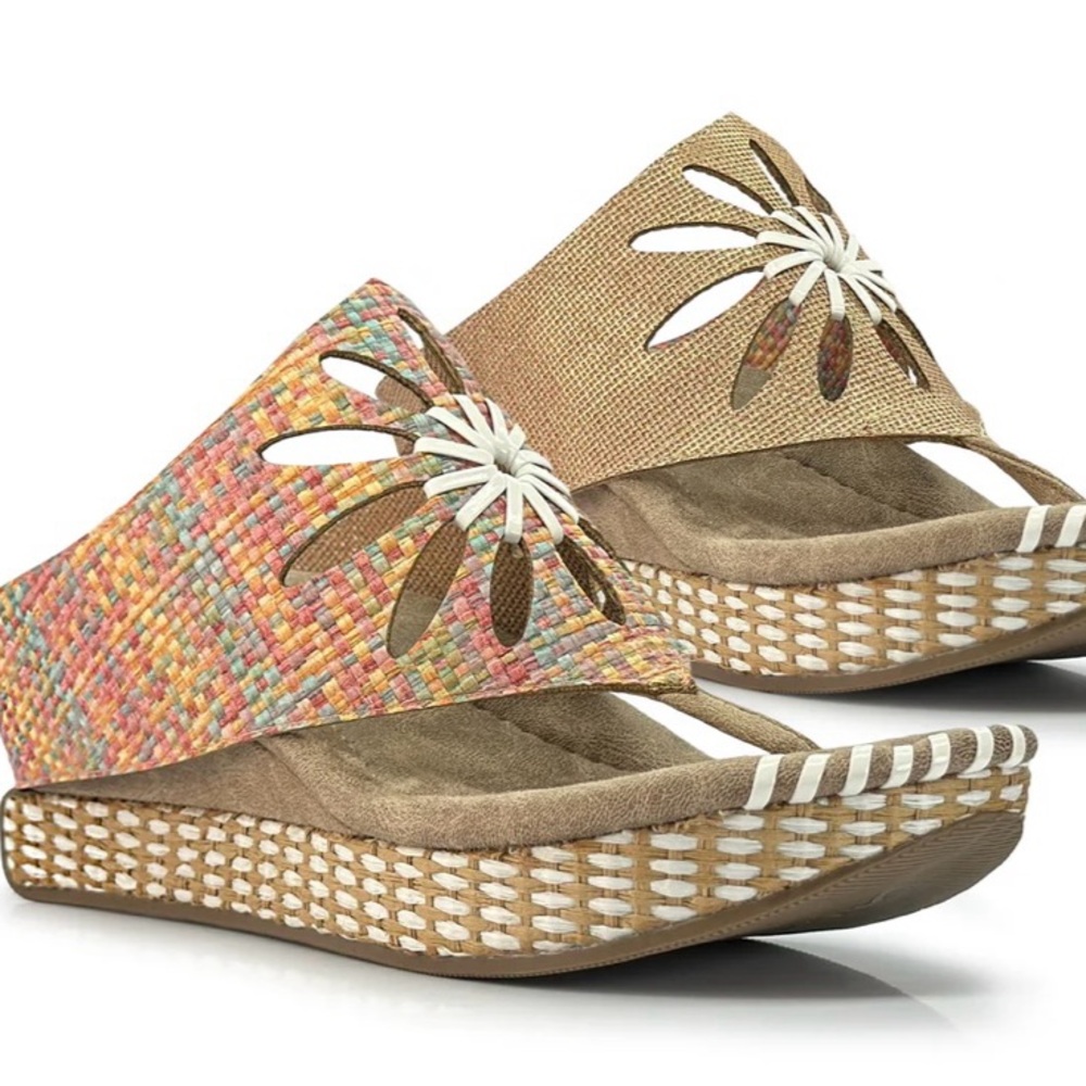 Modzori Reversible Flora-2 Sandals Sz 9 Women Cork Retro Boho Thong Cutout Wedge